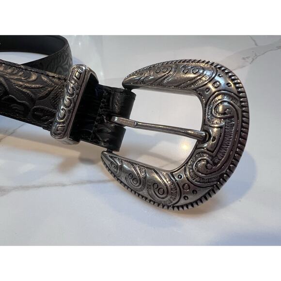 Vintage Omega Western Leather Belt Black Embossed Silver Buckle USA Large main image 9